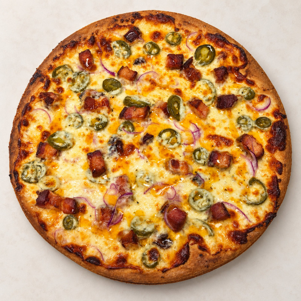 Whole cheesy pizza topped with sliced jalapeños, red onions, and browned meat pieces on a plain surface.