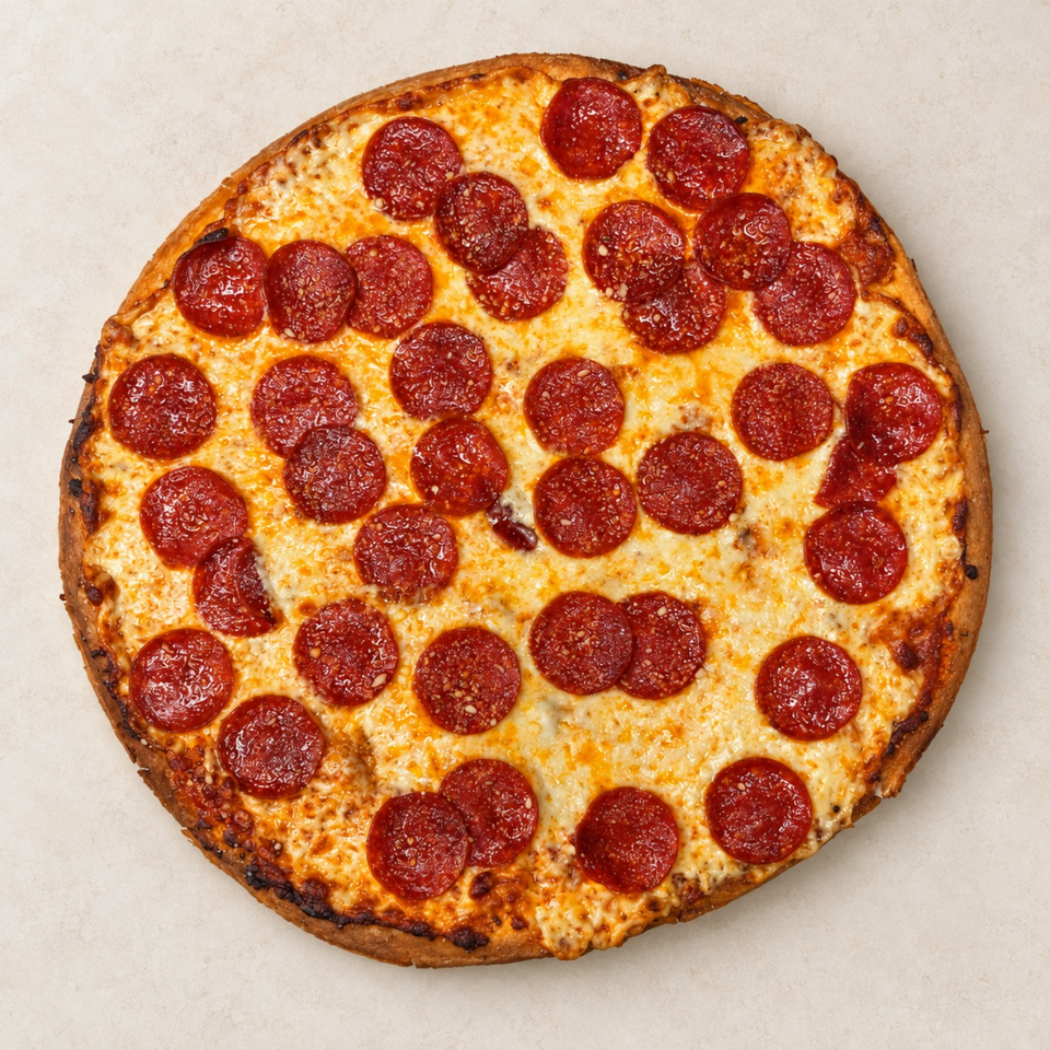 Whole pepperoni pizza with melted cheese and a browned crust, shown from above on a light surface.